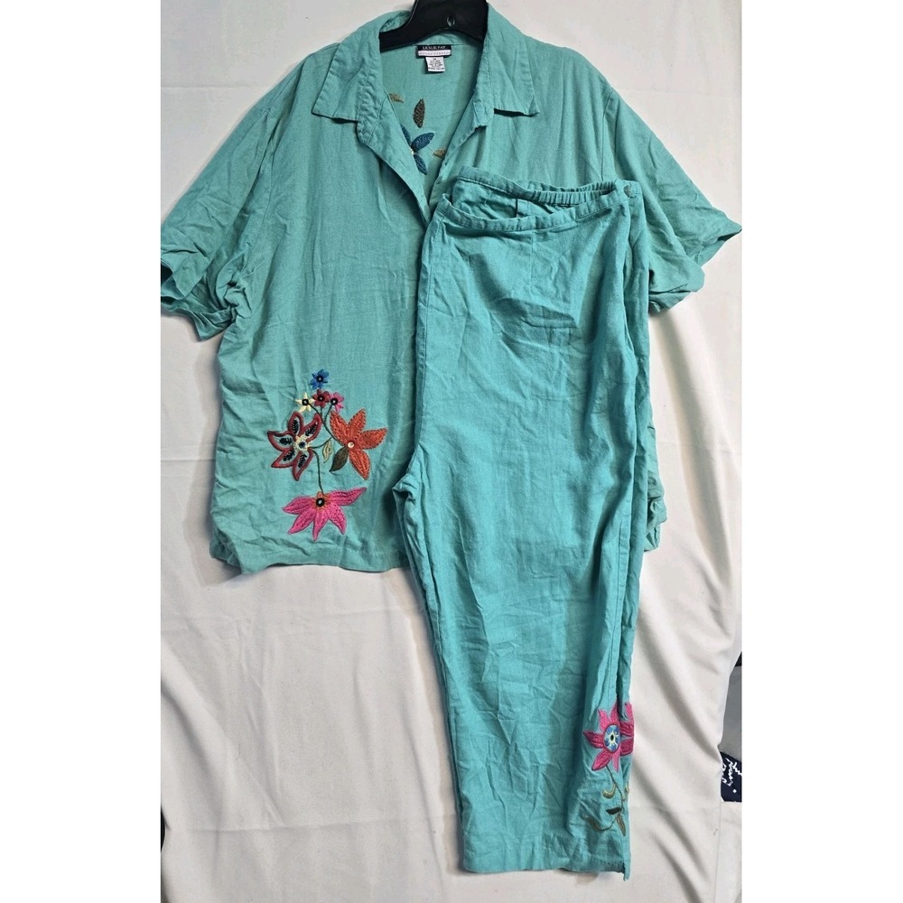 Leslie Fay Women's Linen Shirt Pants Set 3X Blue Floral Embroidered